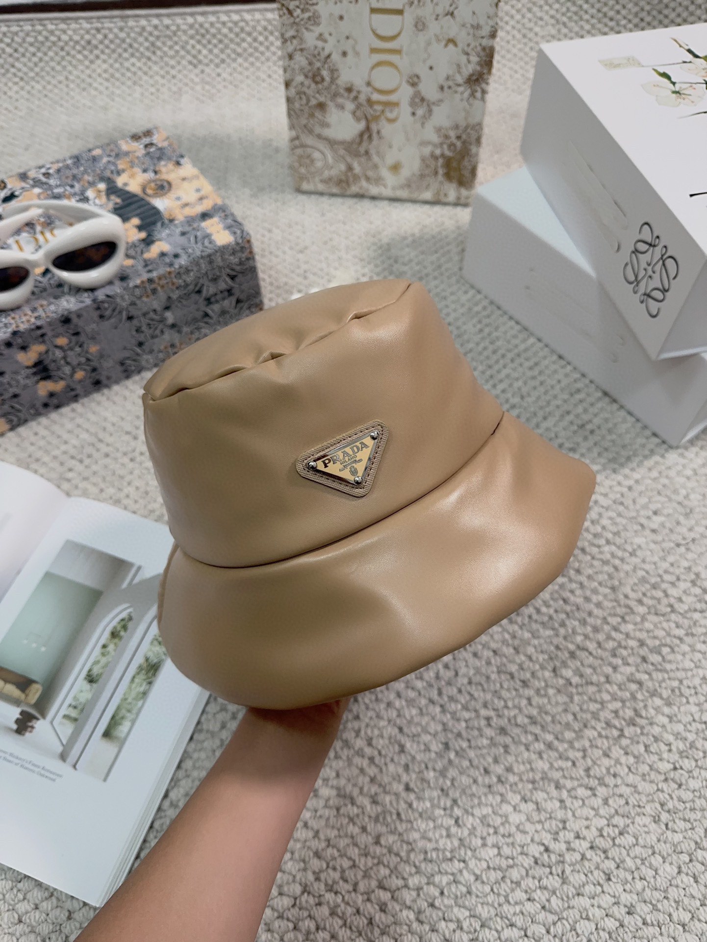 BagsaPra*a enamelled-logo Nappa Leather Bucket Hat