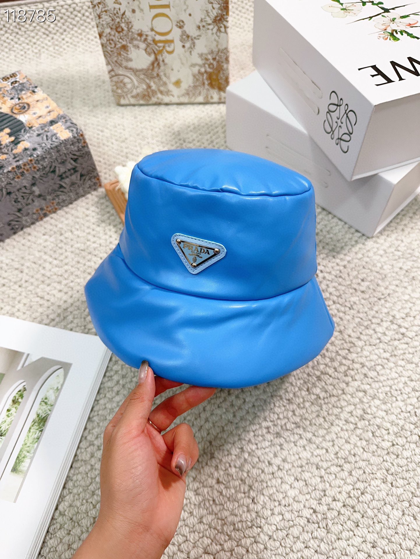 BagsaPra*a enamelled-logo Nappa Leather Bucket Hat