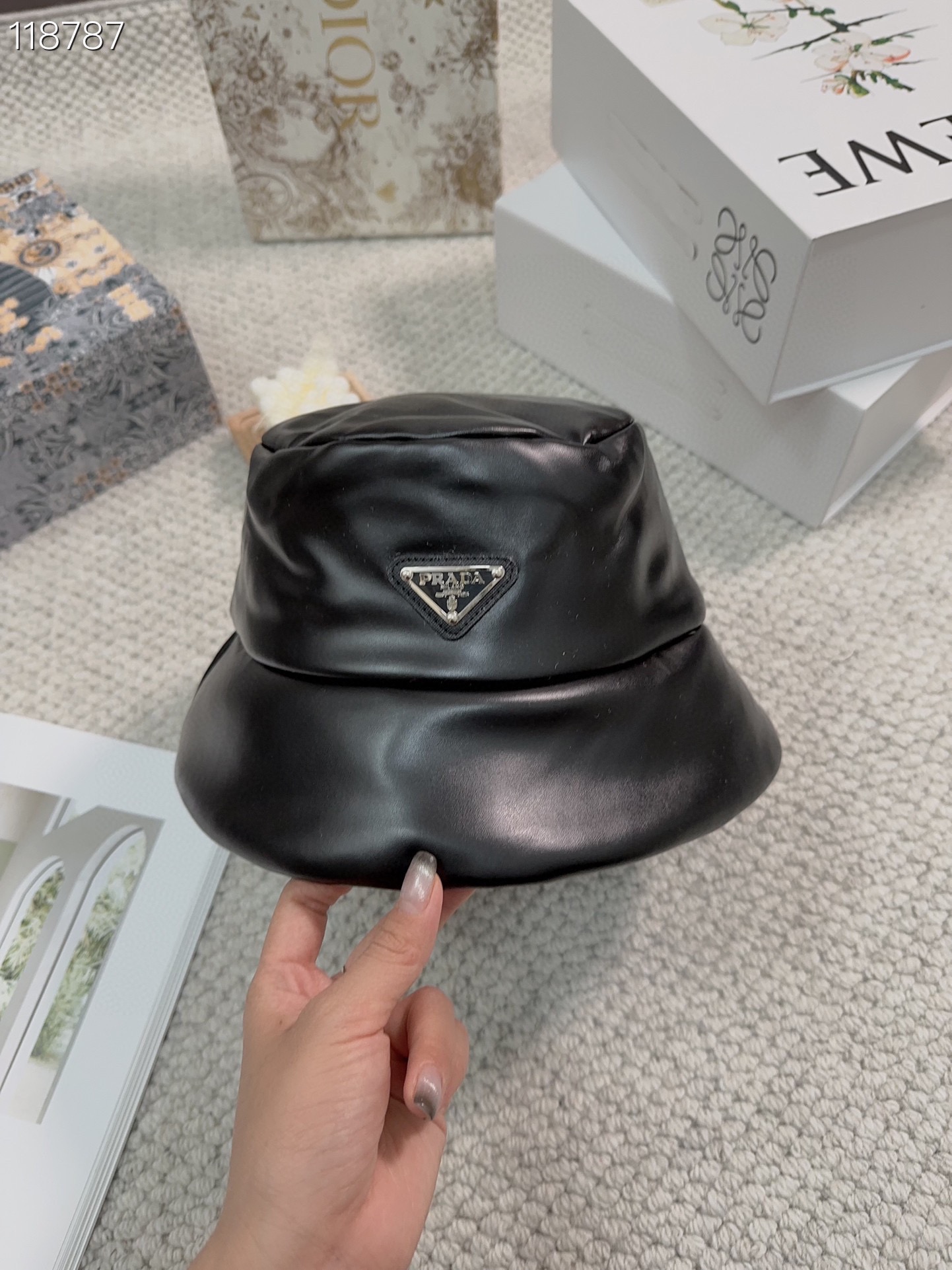 BagsaPra*a enamelled-logo Nappa Leather Bucket Hat
