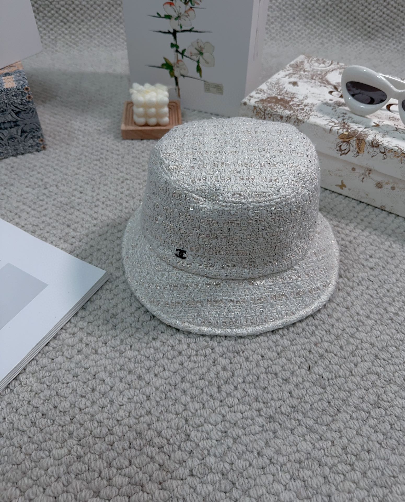 Bagsaaa Ch**el Tweed Bucket Hat White Color