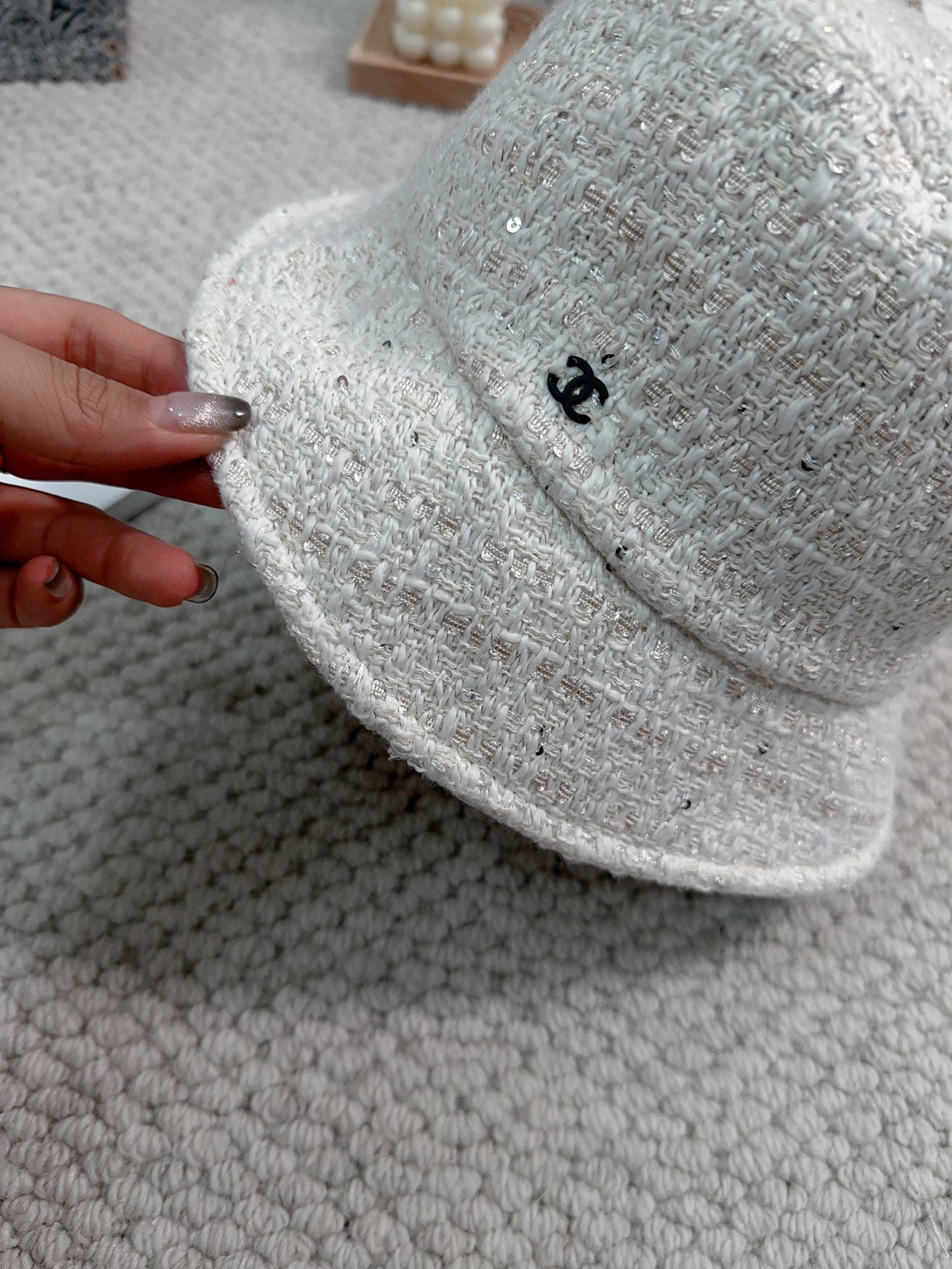 Bagsaaa Ch**el Tweed Bucket Hat White Color
