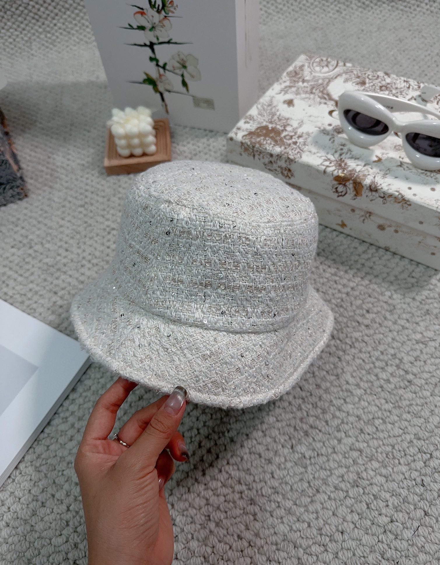 Bagsaaa Ch**el Tweed Bucket Hat White Color