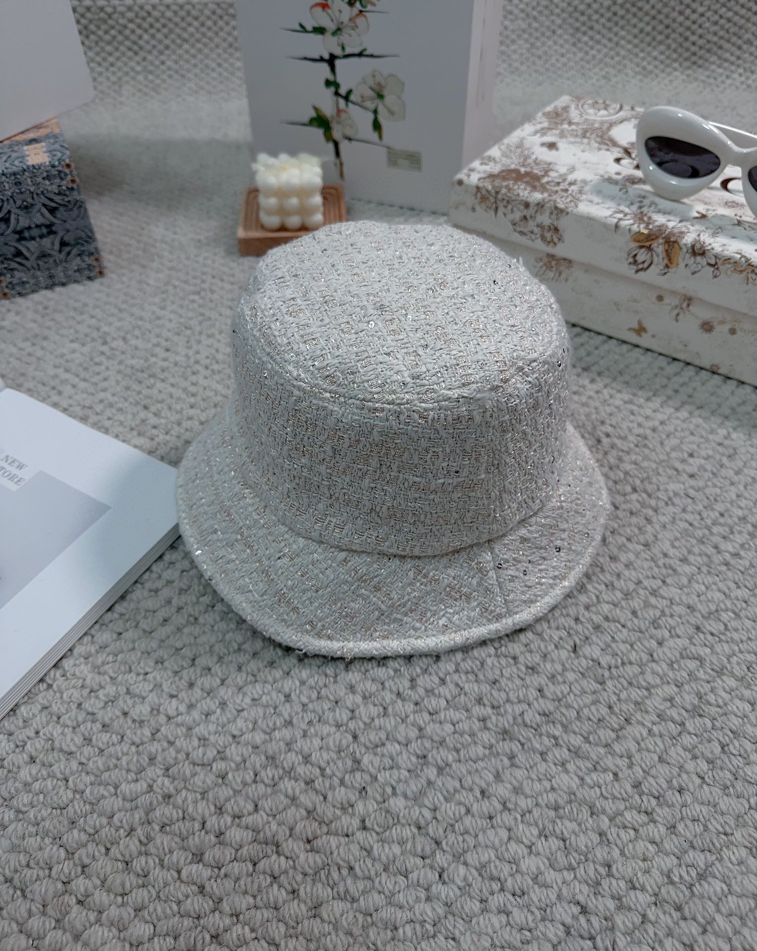 Bagsaaa Ch**el Tweed Bucket Hat White Color