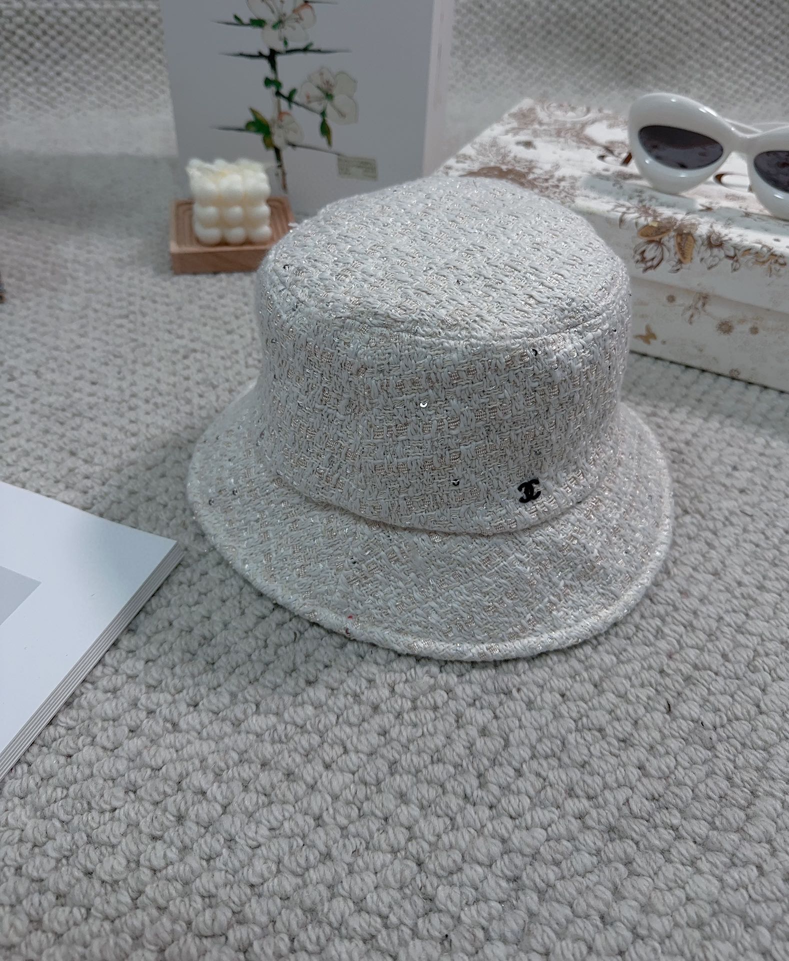 Bagsaaa Ch**el Tweed Bucket Hat White Color