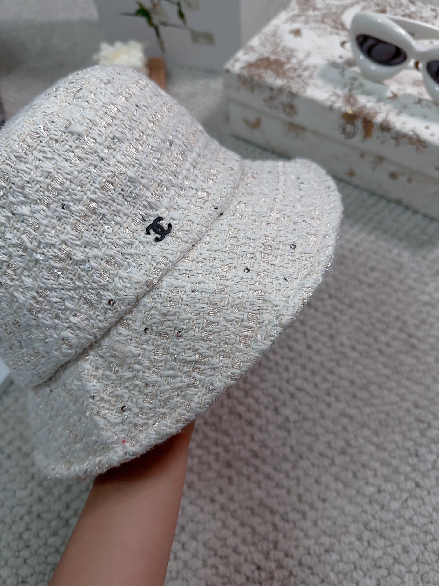Bagsaaa Ch**el Tweed Bucket Hat White Color