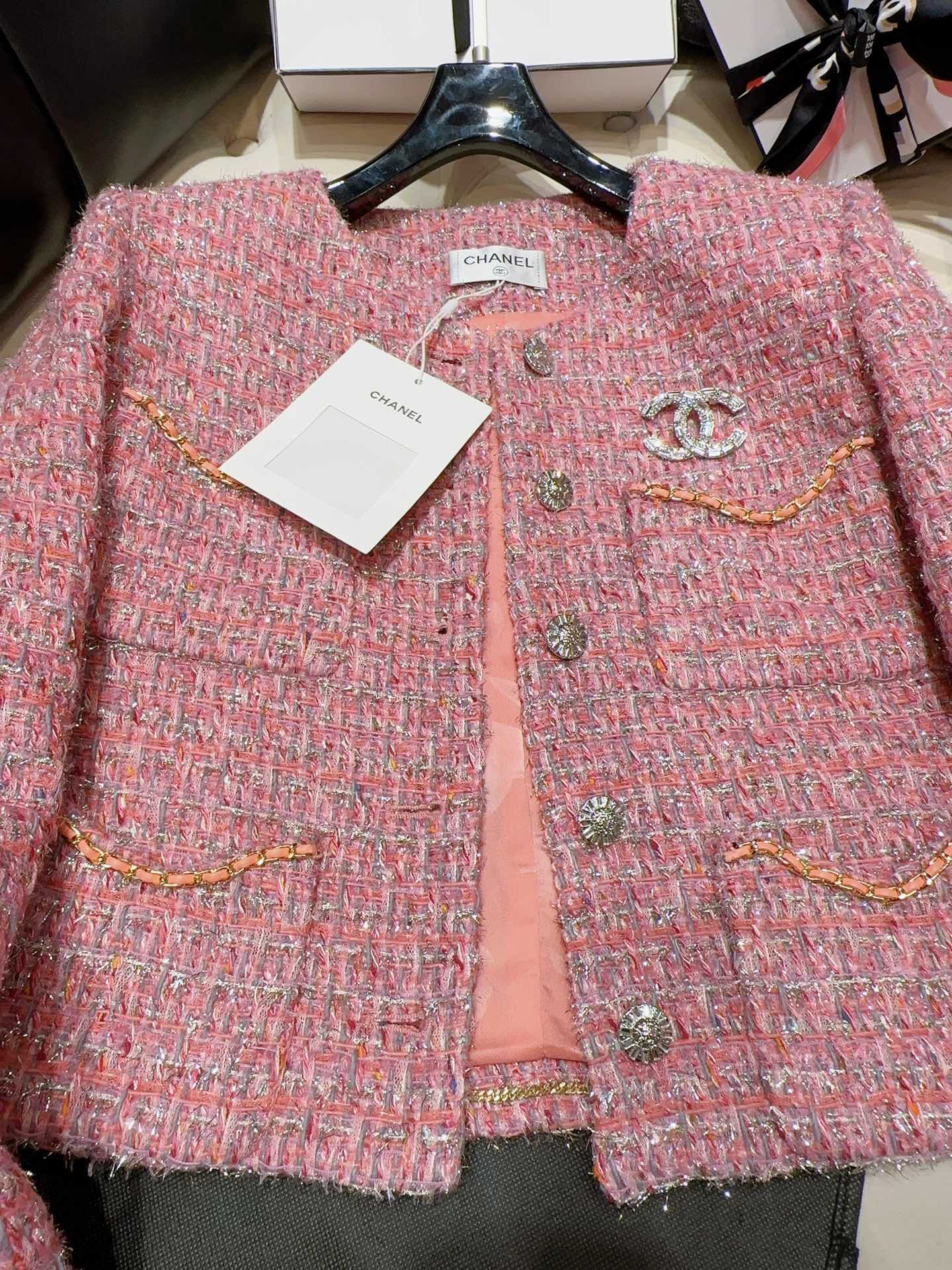 Bagsaaa Ch**el Tweed Pink Jacket CC Silver Logo Hardware