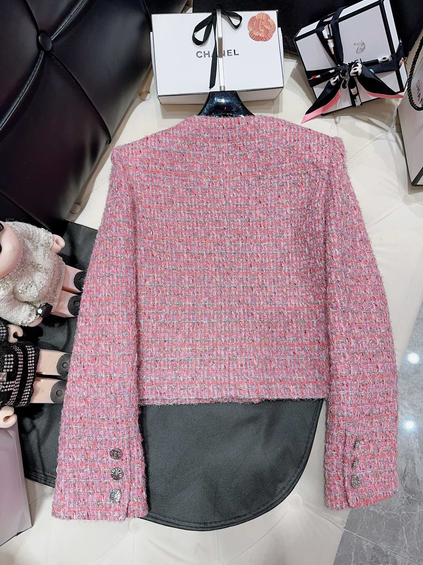 Bagsaaa Ch**el Tweed Pink Jacket CC Silver Logo Hardware