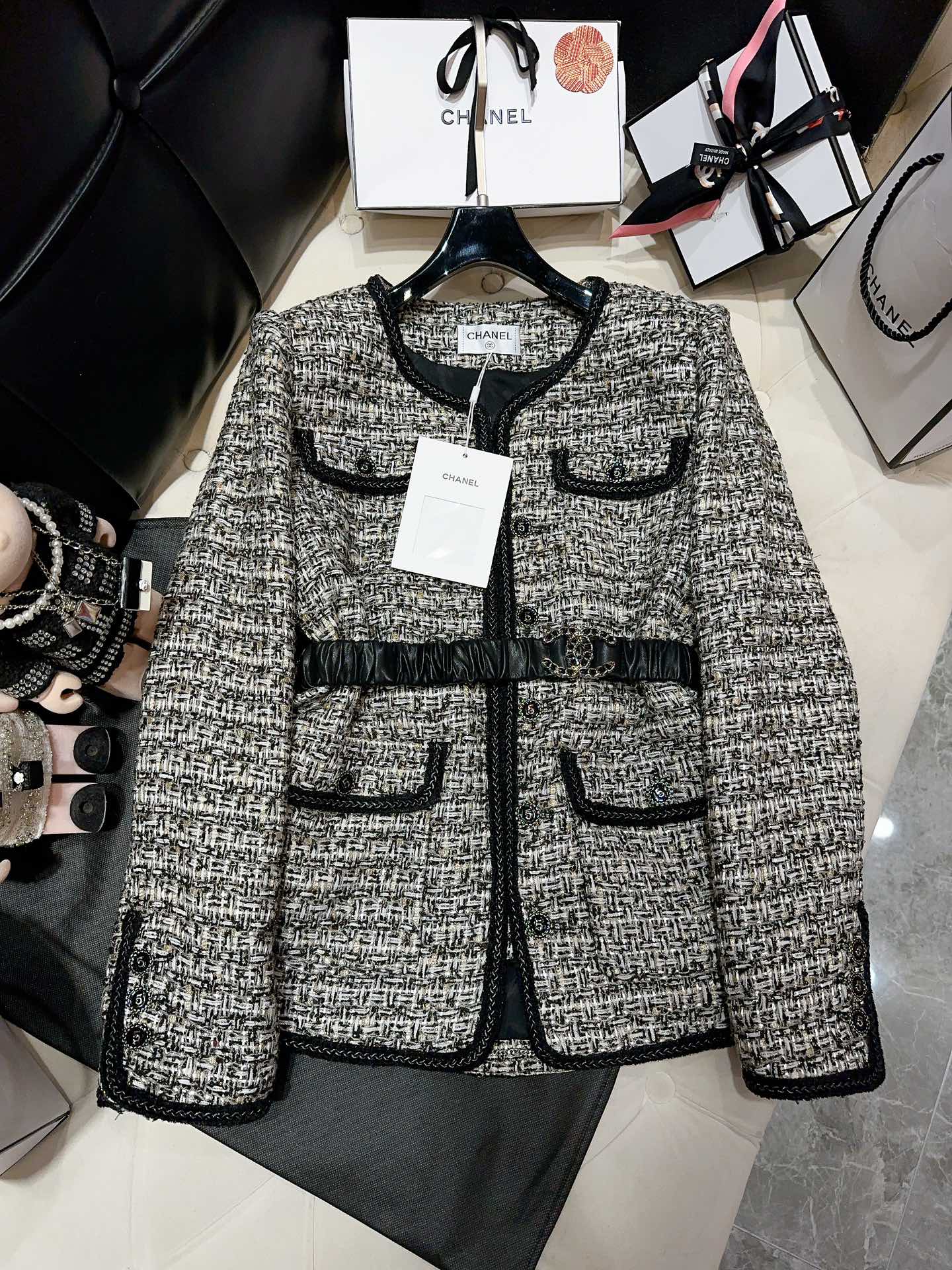 Bagsaaa Ch**el Tweed Black Long Jacket With belt