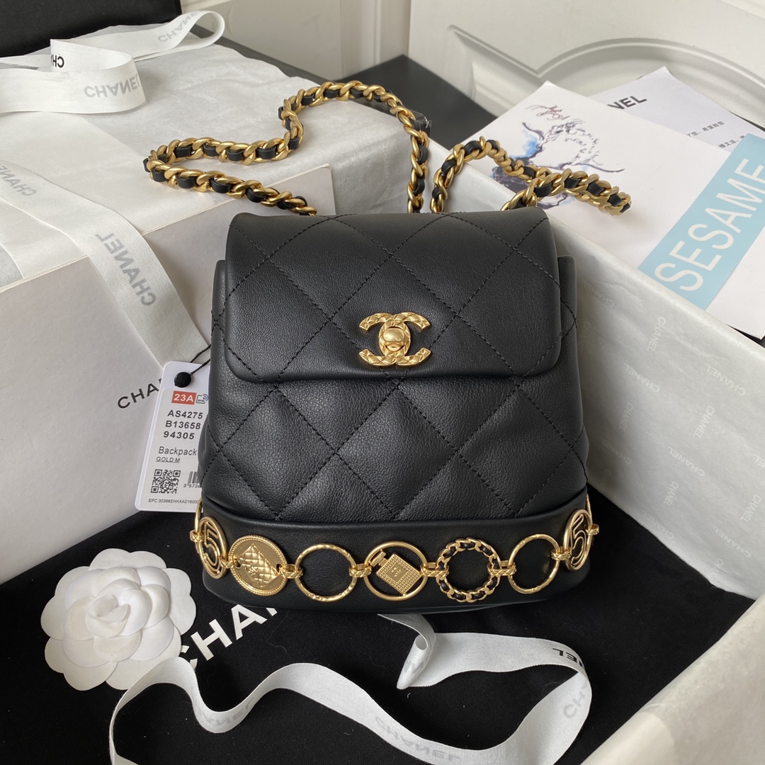 Bagsaaa Ch**el small Backpack Calfskin & Gold-Tone Metal Black 