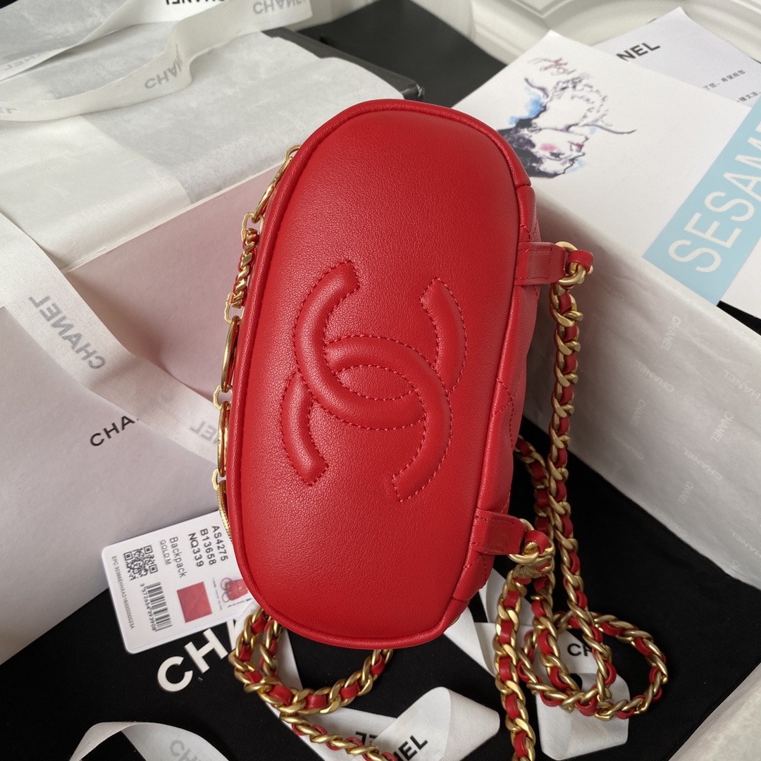 Bagsaaa Ch**el small Backpack Calfskin & Gold-Tone Metal Red