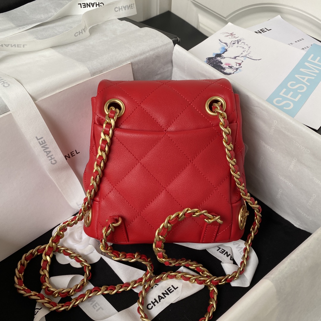 Bagsaaa Ch**el small Backpack Calfskin & Gold-Tone Metal Red