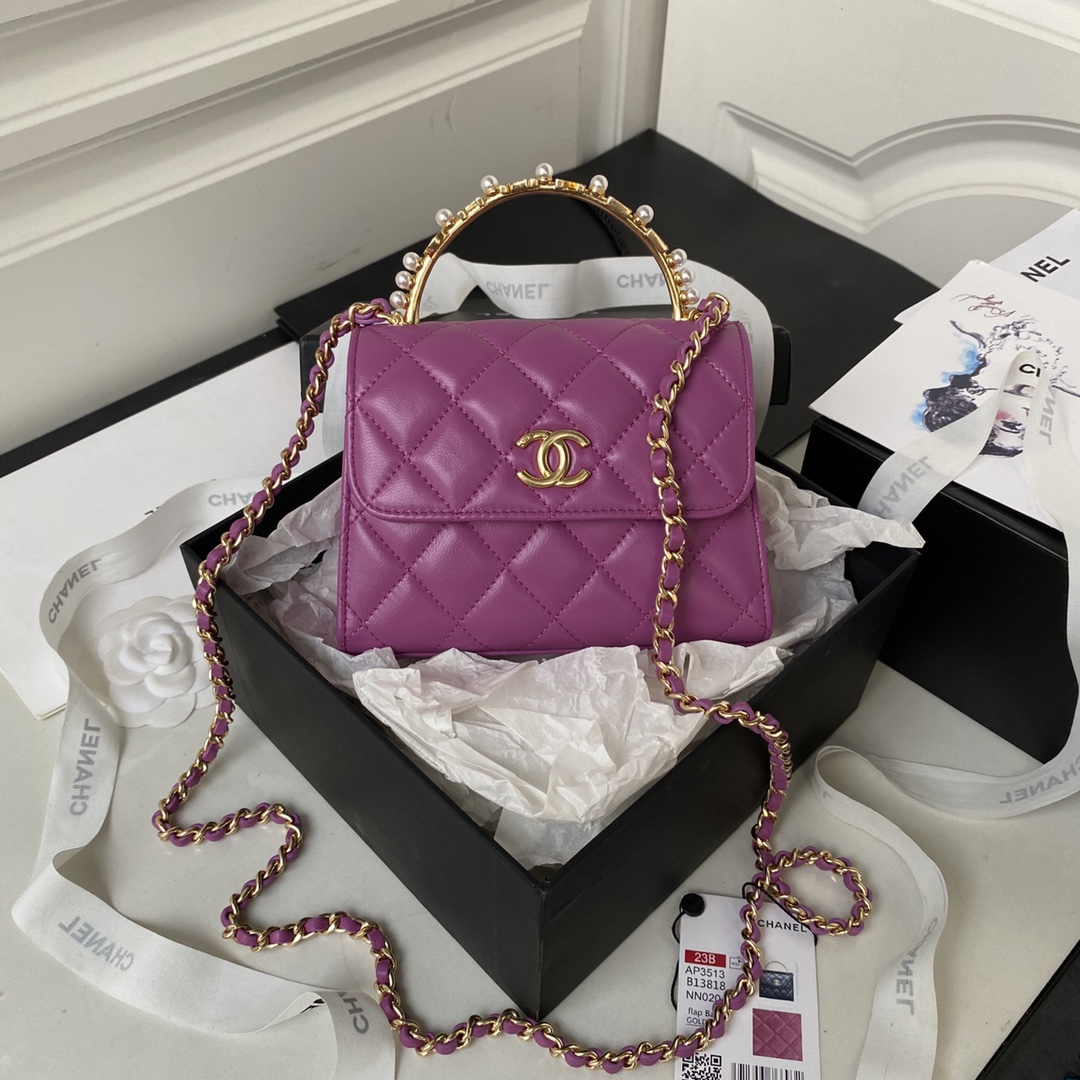 Bagsaaa Ch**el Clutch With Chain Lambskin, Imitation Pearls Purple