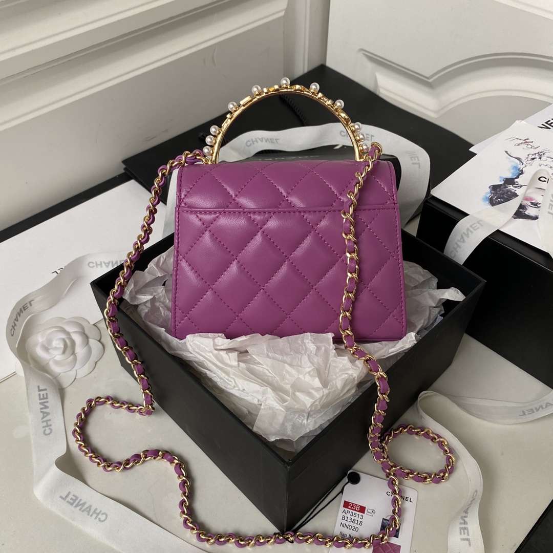 Bagsaaa Ch**el Clutch With Chain Lambskin, Imitation Pearls Purple