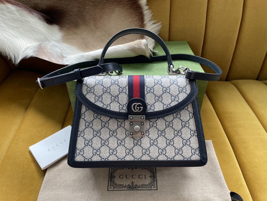 Bagsaaa Ophidia GG small top handle bag blue and beige - 25/17.5/7cm