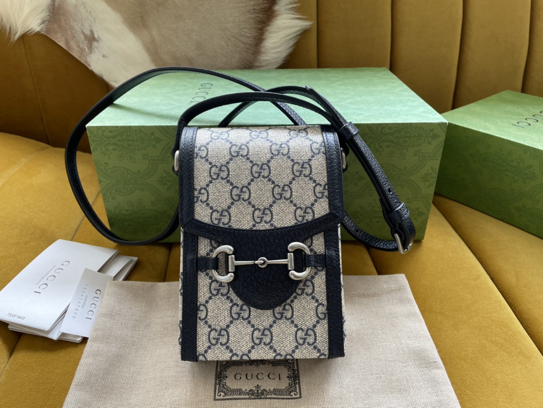 Bagsaaa Gvc*1 1955 Horsebit Mini Bag GG Blue and Beige 11.5/17/4cm