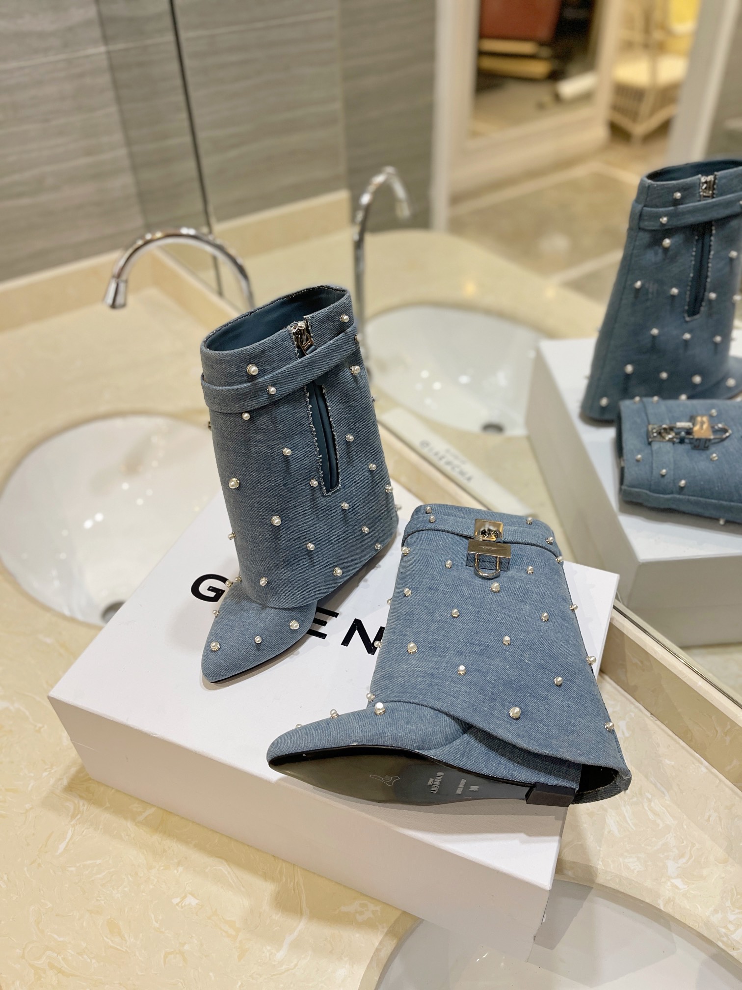 Bagsaaa Givenchy Shark Lock Ankle Boots in denim with pearls