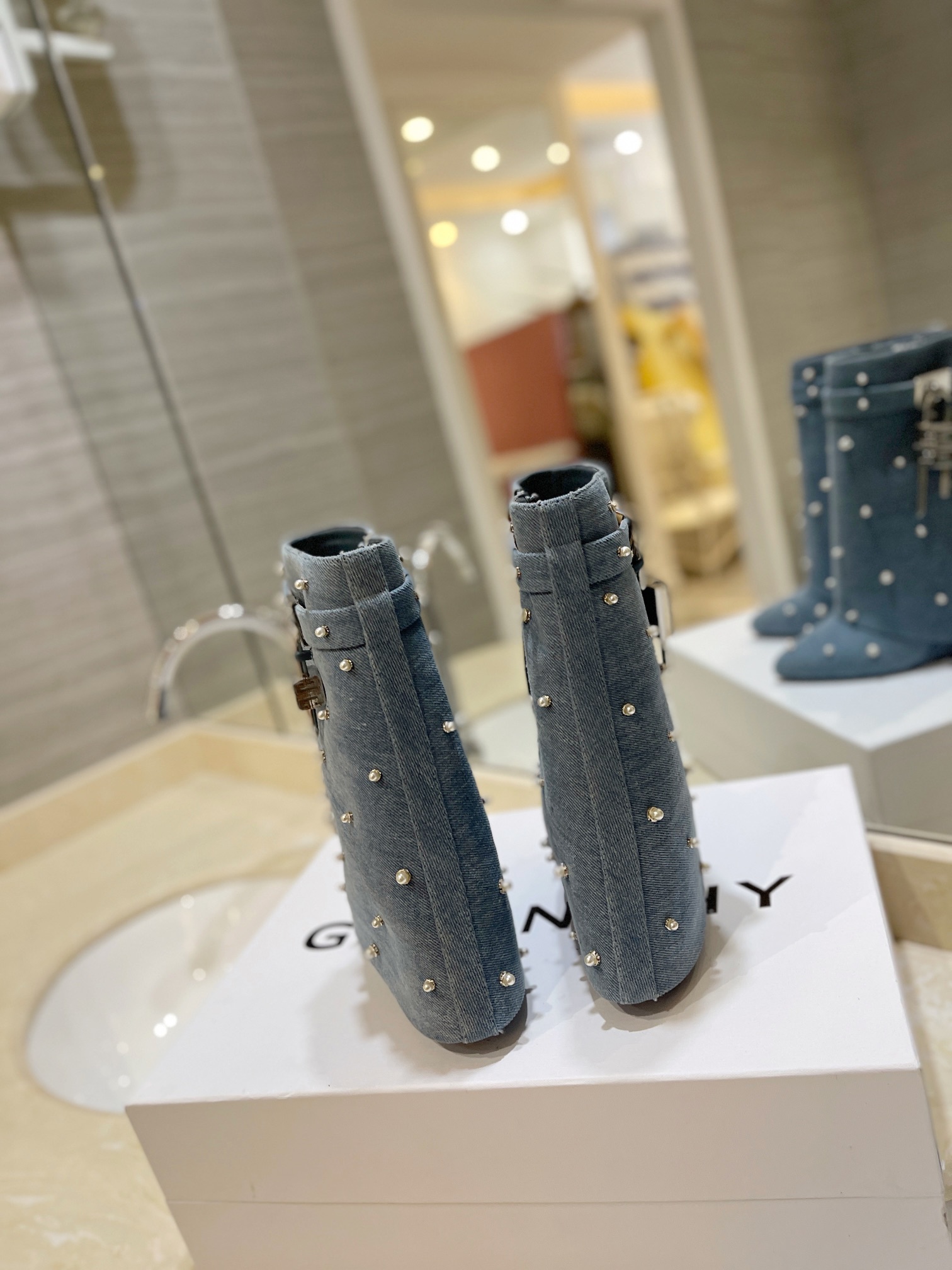 Bagsaaa Givenchy Shark Lock Ankle Boots in denim with pearls