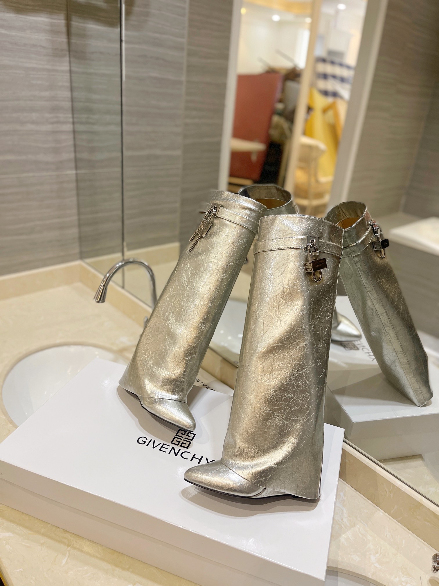Givenchy Shark Lock Ankle Long Boots in laminated leather silver