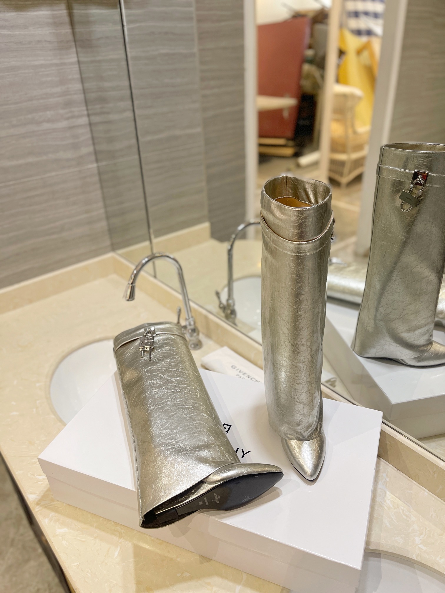 Givenchy Shark Lock Ankle Long Boots in laminated leather silver