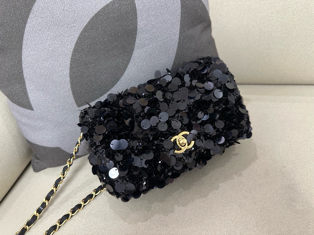 Bagsaaa Ch**el Black Sequin Flap Bag - 20cm