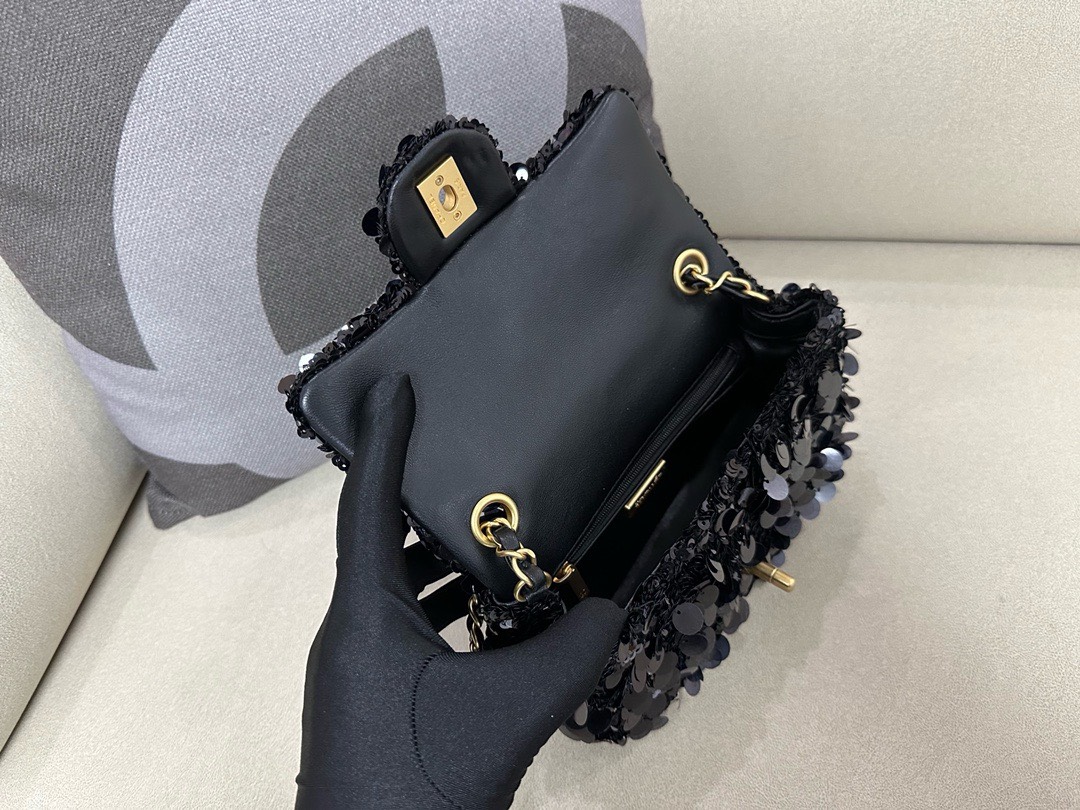 Bagsaaa Ch**el Black Sequin Flap Bag - 20cm