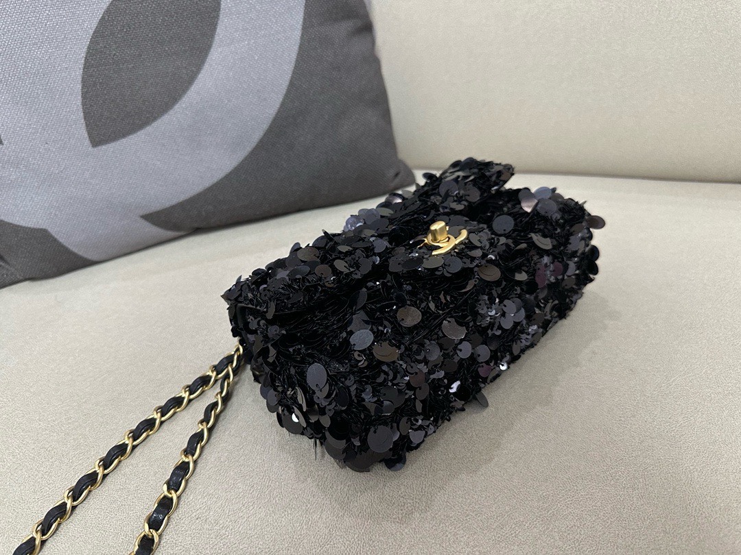 Bagsaaa Ch**el Black Sequin Flap Bag - 20cm