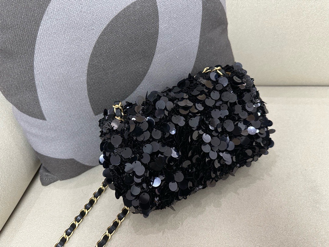 Bagsaaa Ch**el Black Sequin Flap Bag - 20cm
