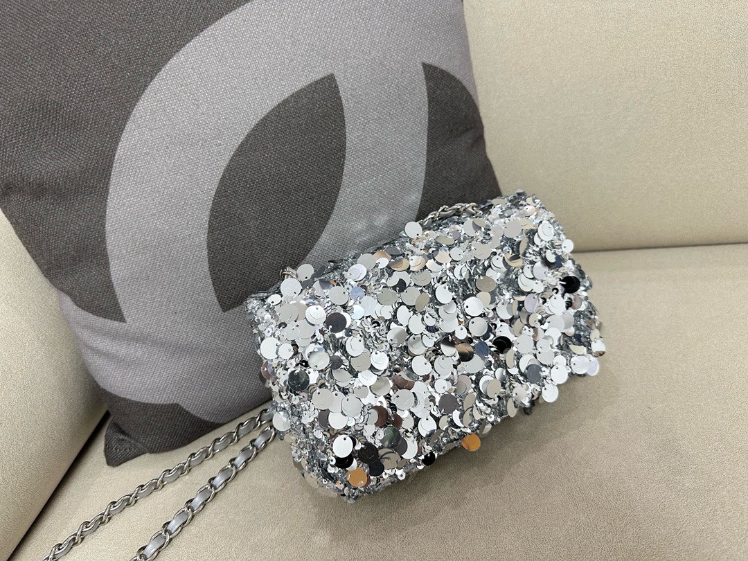 Bagsaaa Ch**el Silver Sequin Flap Bag - 20cm