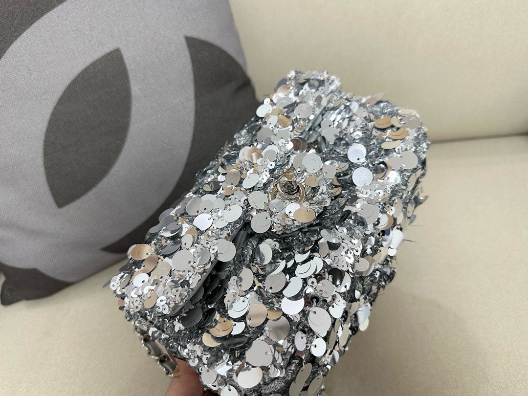 Bagsaaa Ch**el Silver Sequin Flap Bag - 20cm