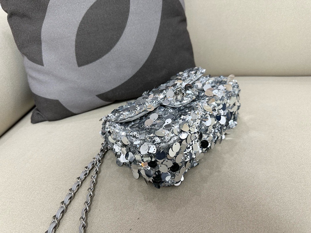 Bagsaaa Ch**el Silver Sequin Flap Bag - 20cm