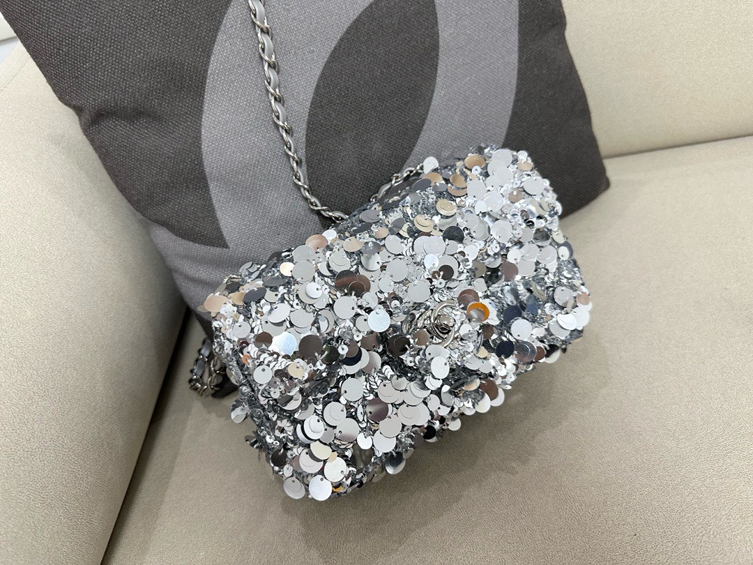 Bagsaaa Ch**el Silver Sequin Flap Bag - 20cm