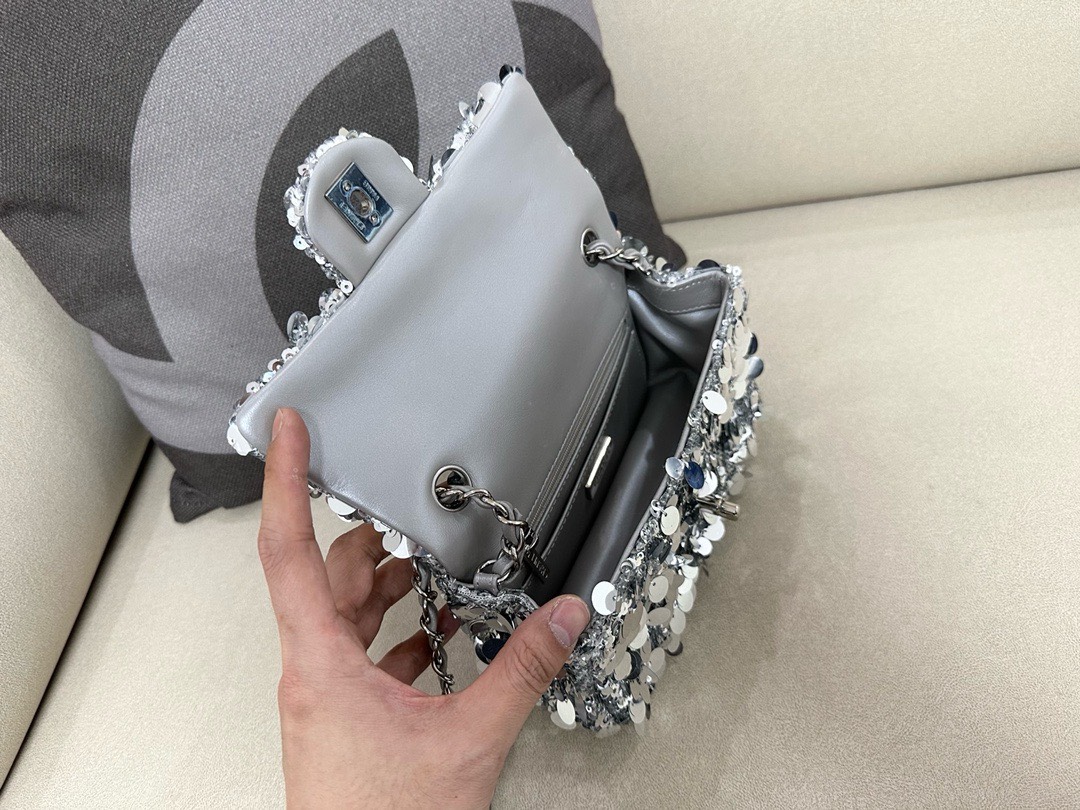 Bagsaaa Ch**el Silver Sequin Flap Bag - 20cm