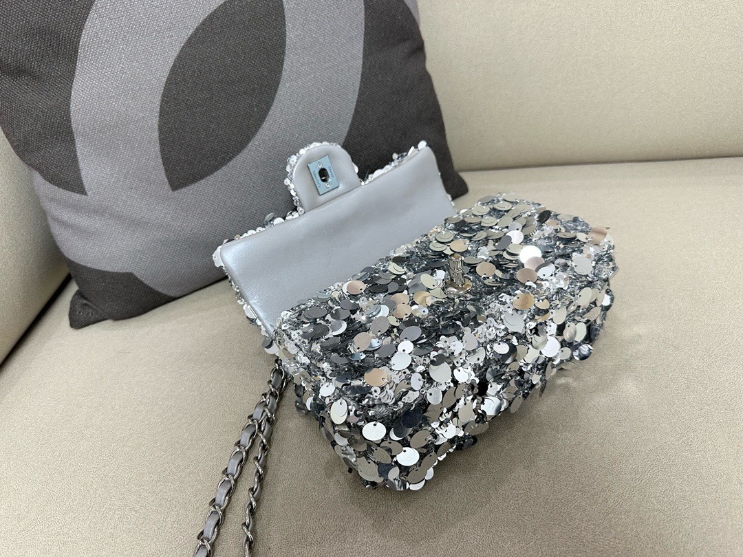 Bagsaaa Ch**el Silver Sequin Flap Bag - 20cm