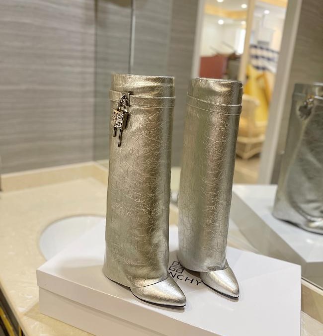 Givenchy Shark Lock Ankle Long Boots in laminated leather silver