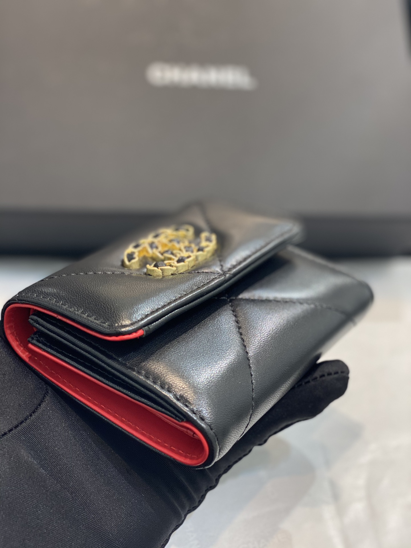 Bagsaaa Chane 19 3 Fold Wallet Black Gold Hardware - 11x10cm