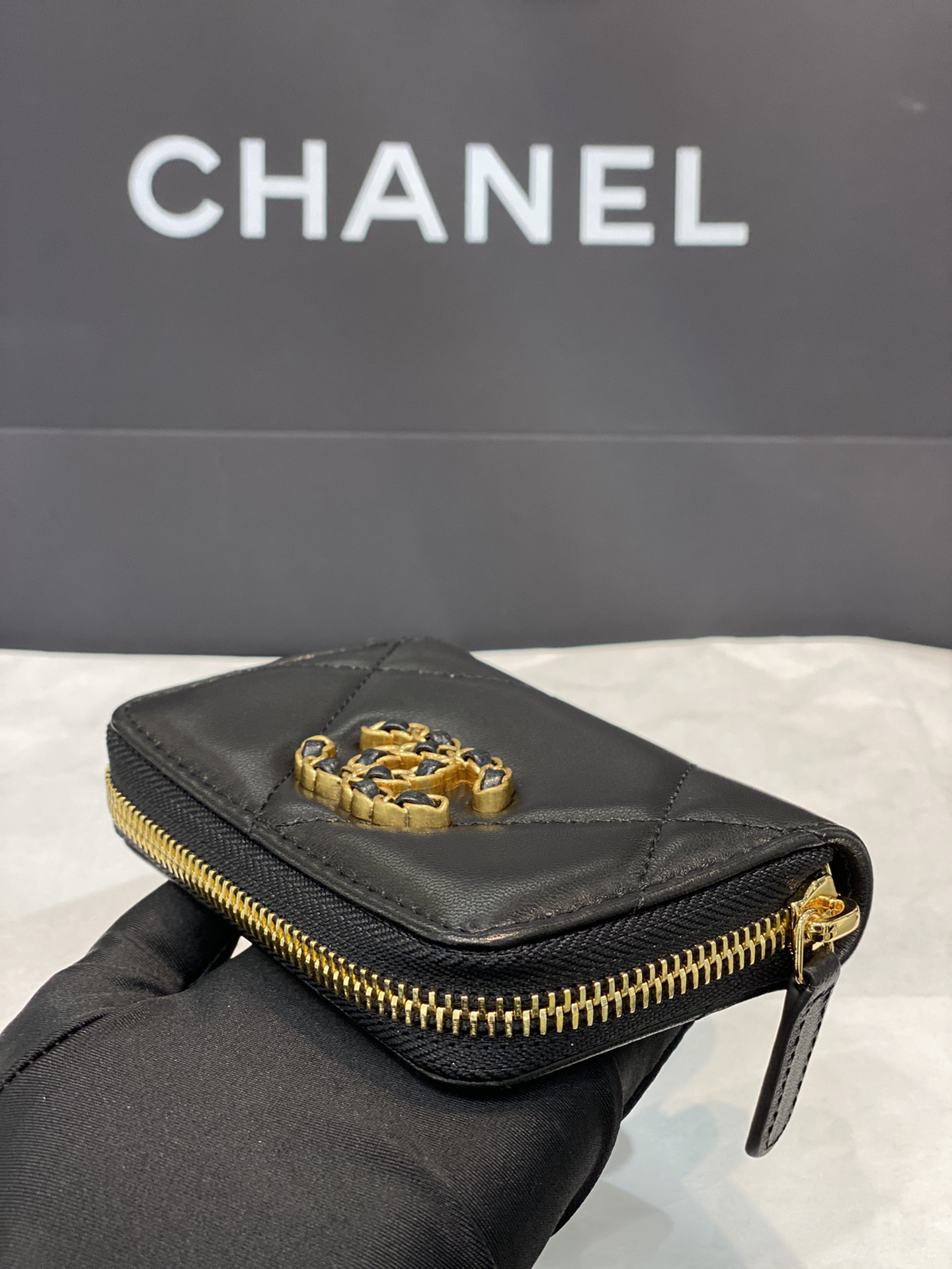 Bagsaaa Chane 19 Coin Purse Black Gold Hardware - 7.5×2×11.cm
