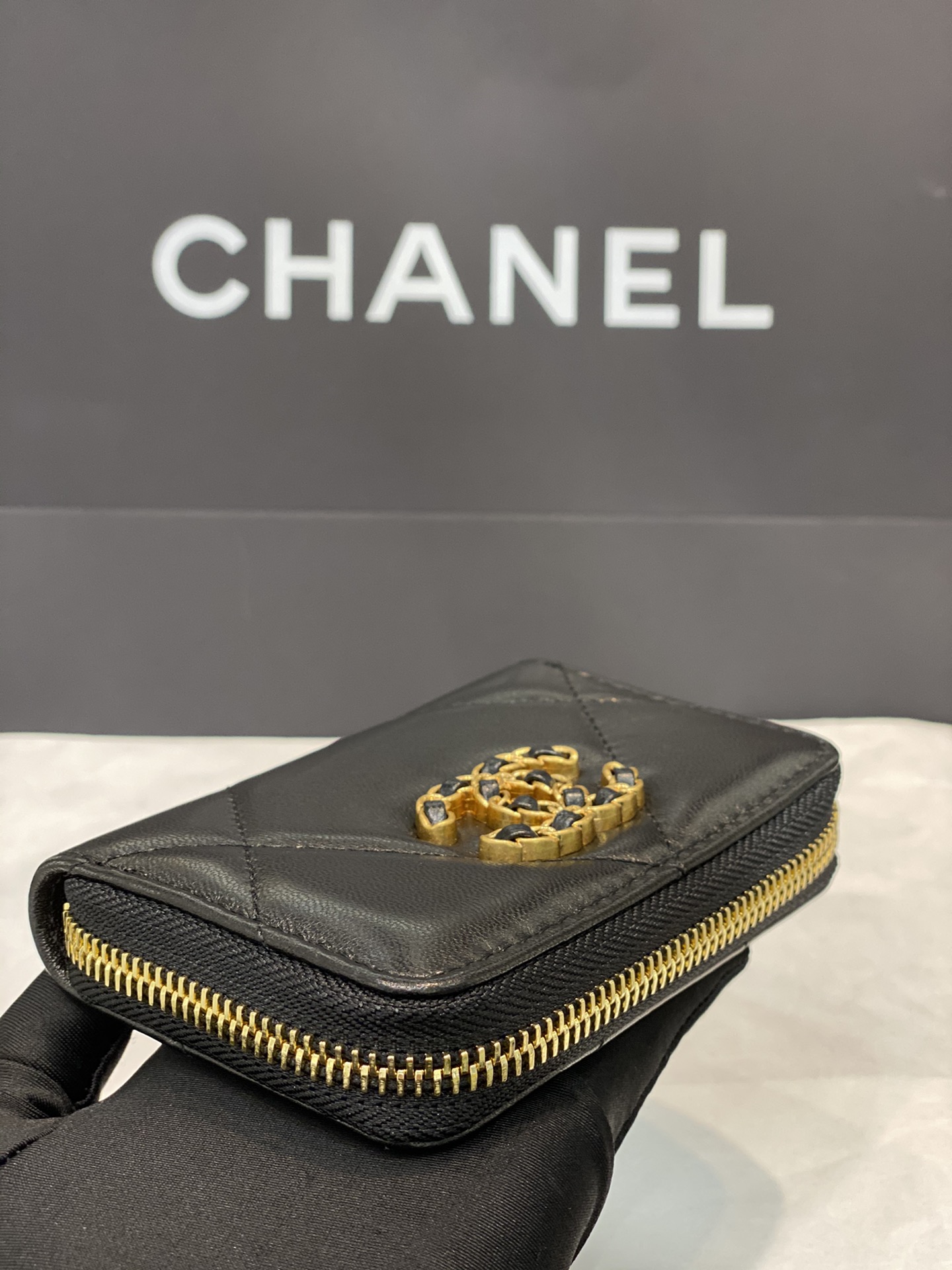 Bagsaaa Chane 19 Coin Purse Black Gold Hardware - 7.5×2×11.cm