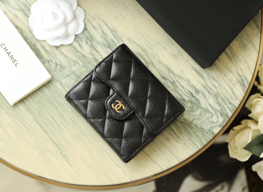 Bagsaaa Ch**el 3 fold wallet black caviar gold hardware - 10.5x11.5x3cm