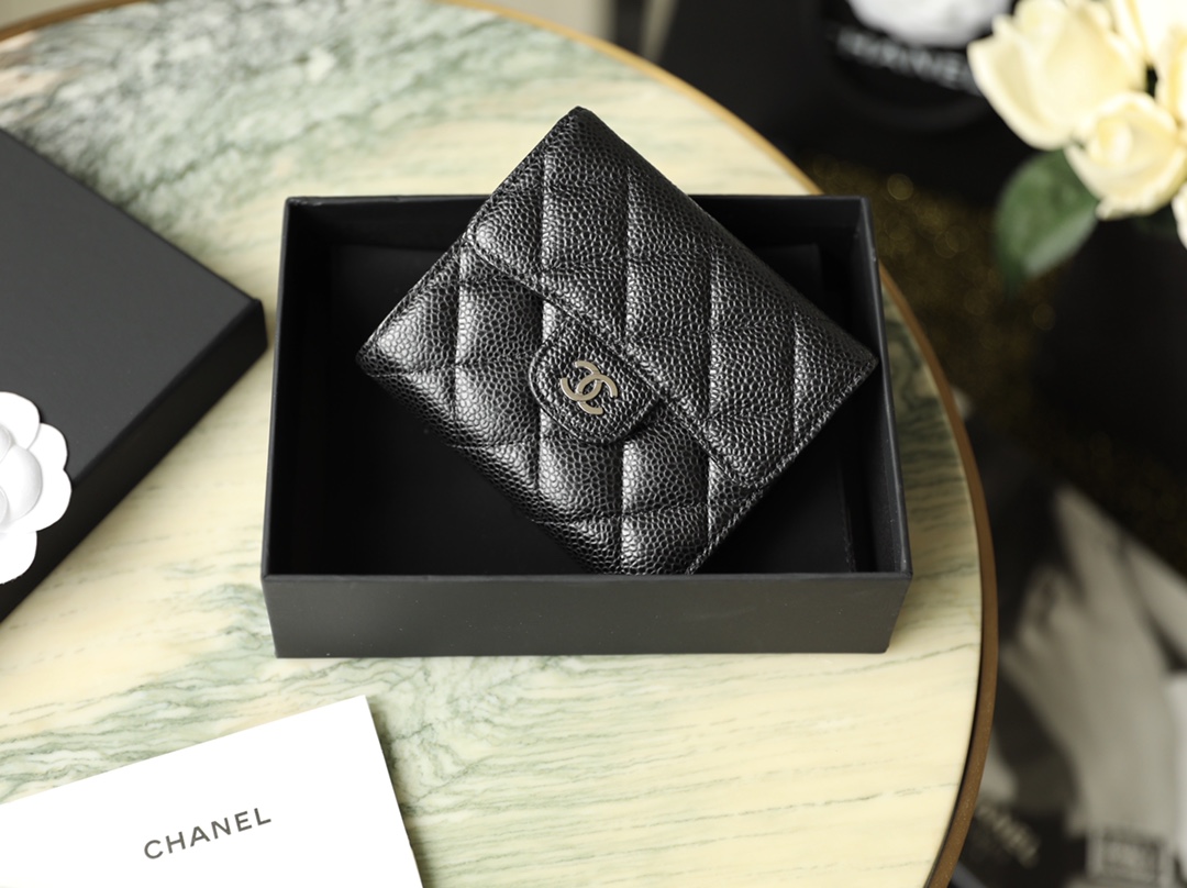 Bagsaaa Ch**el 3 fold wallet black caviar silver hardware - 10.5x11.5x3cm