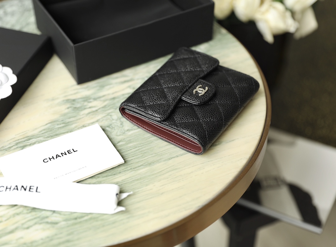 Bagsaaa Ch**el 3 fold wallet black caviar silver hardware - 10.5x11.5x3cm