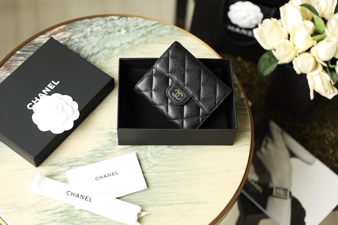 Bagsaaa Ch**el 3 fold wallet black caviar silver hardware - 10.5x11.5x3cm