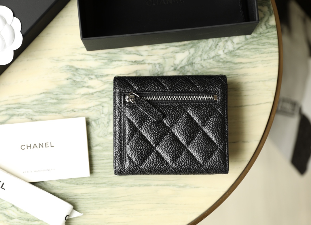 Bagsaaa Ch**el 3 fold wallet black caviar silver hardware - 10.5x11.5x3cm