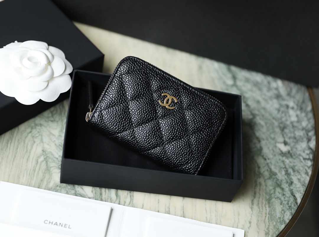 Bagsaaa Ch**el Black Caviar Coin Purse Gold Hardwware - 7.5×2×11.cm