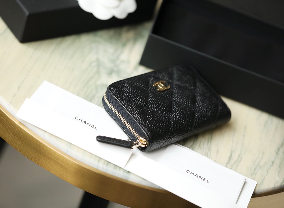 Bagsaaa Ch**el Black Caviar Coin Purse Gold Hardwware - 7.5×2×11.cm