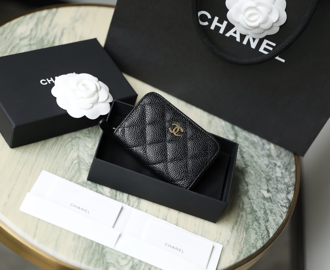 Bagsaaa Ch**el Black Caviar Coin Purse Gold Hardwware - 7.5×2×11.cm