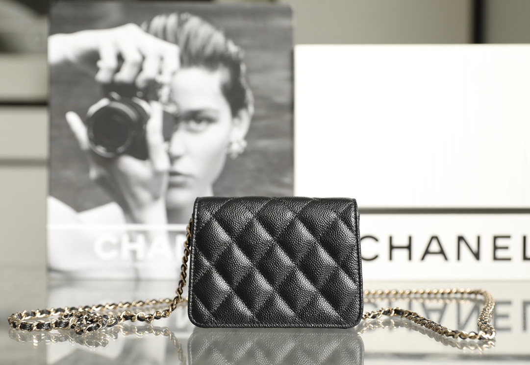 Bagsaaa Ch**el Chain Wallet Black Caviar - 13x10x6cm