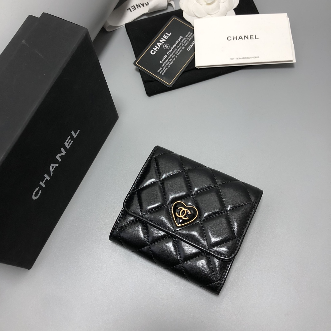 Bagsaaa Ch**el Black Wallet With Heart Logo - 11.2×7.5×0.5cm