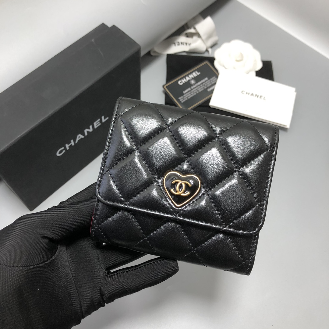 Bagsaaa Ch**el Black Wallet With Heart Logo - 11.2×7.5×0.5cm