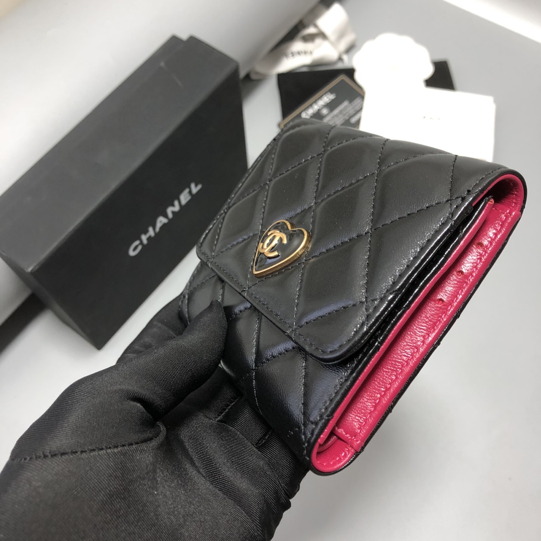 Bagsaaa Ch**el Black Wallet With Heart Logo - 11.2×7.5×0.5cm
