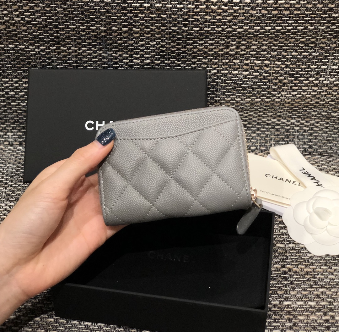 Bagsaaa Ch**el Grey Caviar Coin Purse Gold Hardwware - 7.5×2×11.cm